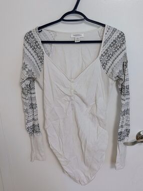 Motherhood Maternity Cream Ribbed Henley Bodysuit with Gray Fair Isle Sleeves